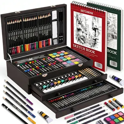 ชุดอุปกรณ์ศิลปะ Chiyuan 175 ชิ้น กล่องไม้/สี พร้อมสมุดสเก็ตช์