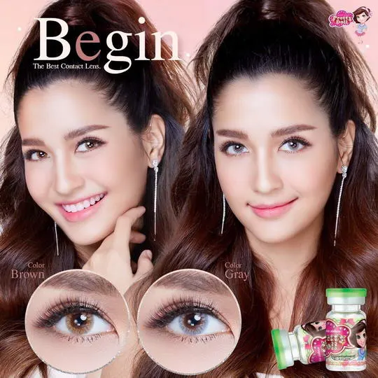 Begin mini – Pretty Doll คอนแทคเลนส์บิ๊กอาย สีเทา/น้ำตาล ของแท้ มี อย.