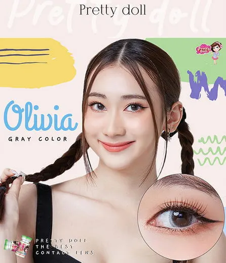Olivia mini – Pretty Doll คอนแทคเลนส์บิ๊กอาย สีเทา/น้ำตาล ของแท้ มี อย.